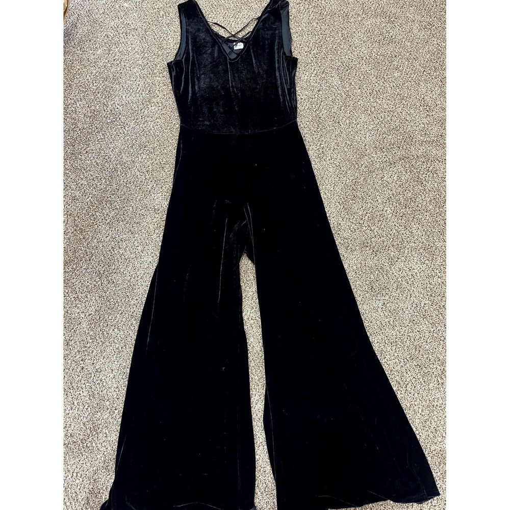 Y2K Spirit Velvet Jumpsuit Womens L Black Wide Leg Rhinestone Strappy Sleeveless